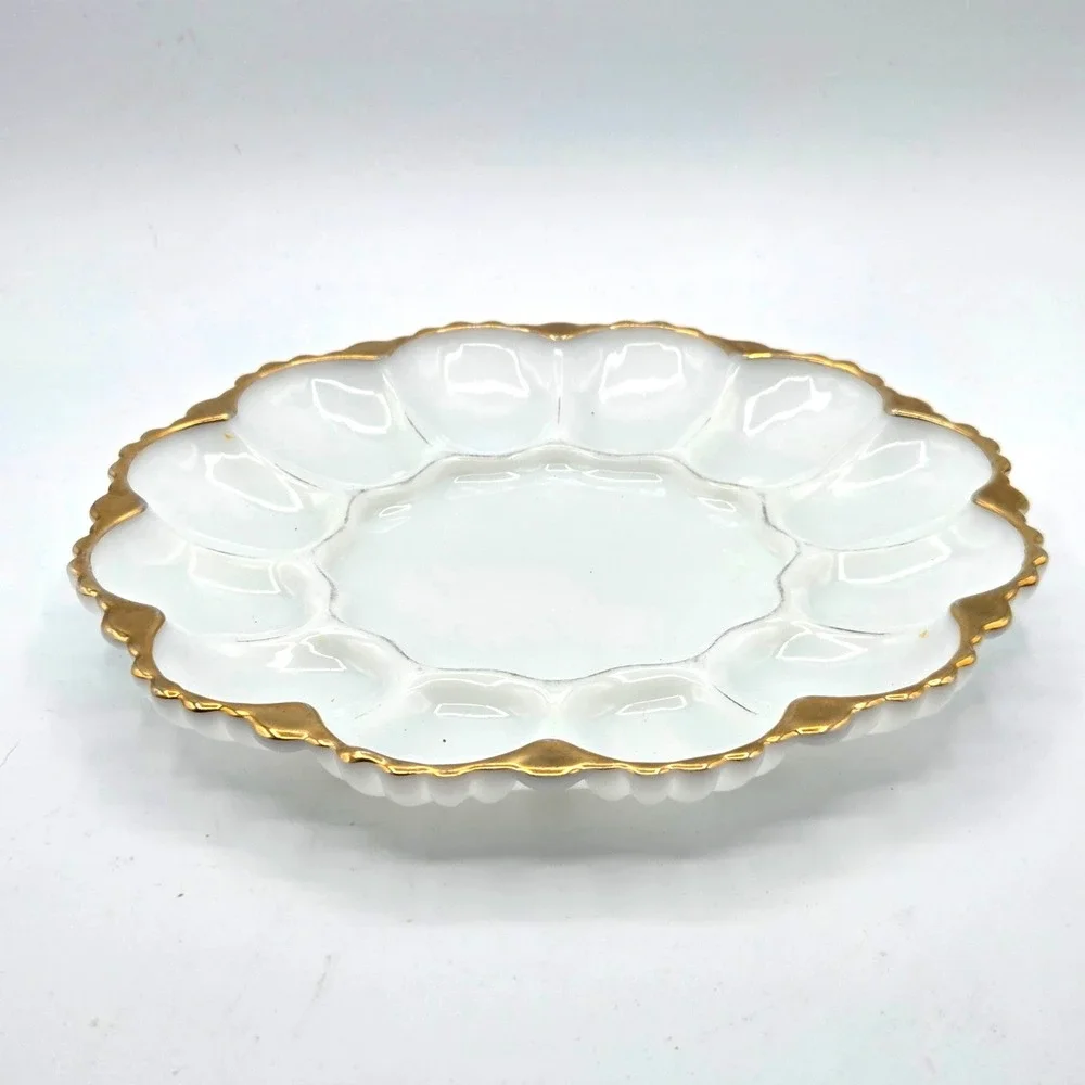 Anchor Hocking Fire King Milk Glass Plate Deviled Egg Dish 22K Gold Trim